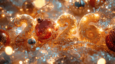 Banner. Shiny gold numbers 2026 and a beautiful bokeh on a red background. Happy New Year and Christmas.の素材