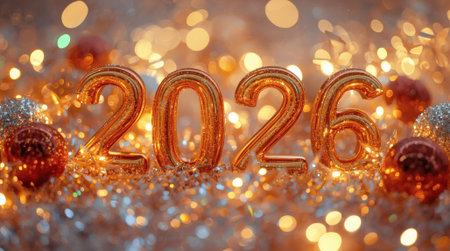 Banner. Shiny gold numbers 2026 and a beautiful bokeh on a red background. Happy New Year and Christmas.の素材