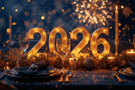 Table setting. Stylish plates, napkins, Christmas decorations, Christmas decorations on the festive table in the living room on the background of a Christmas tree. The concept of Merry Christmas and New Year 2026.の素材