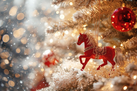 New Year 2026 postcard with a red fire horse. Christmas tree decorations, a red horse, and the numbers 2026. Christmas or New Year background.の素材