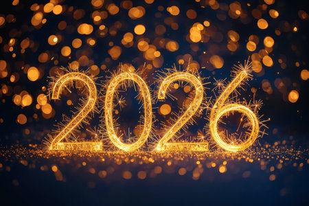 Banner. Shiny gold numbers 2026 and a beautiful bokeh on a blue background. Happy New Year and Christmas.の素材