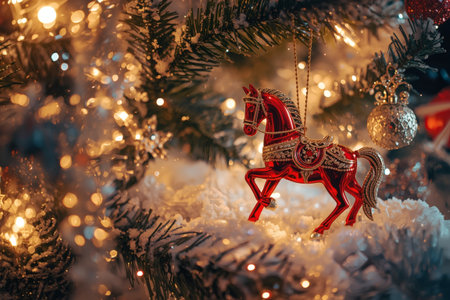 New Year 2026 postcard with a red fire horse. Christmas tree decorations, a red horse, and the numbers 2026. Christmas or New Year background.の素材