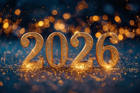 Banner. Shiny gold numbers 2026 and a beautiful bokeh on a blue background. Happy New Year and Christmas.の素材