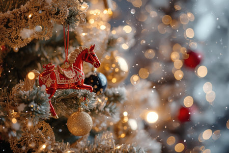 New Year 2026 postcard with a red fire horse. Christmas tree decorations, a red horse, and the numbers 2026. Christmas or New Year background.の素材