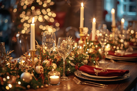 Table setting. Stylish plates, napkins, Christmas decorations, Christmas decorations on the festive table in the living room on the background of a Christmas tree. The concept of Merry Christmas and New Year 2026.の素材