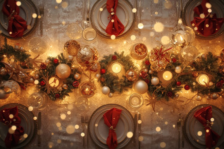 Table setting. Stylish plates, napkins, Christmas decorations, Christmas decorations on the festive table in the living room on the background of a Christmas tree. The concept of Merry Christmas and New Year 2026.の素材