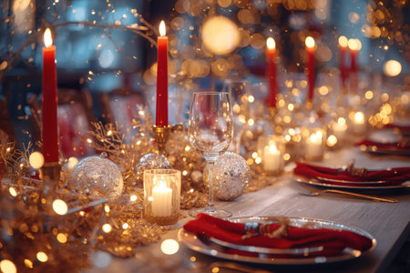 Table setting. Stylish plates, napkins, Christmas decorations, Christmas decorations on the festive table in the living room on the background of a Christmas tree. The concept of Merry Christmas and New Year 2026.の素材