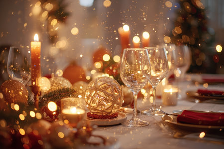 Table setting. Stylish plates, napkins, Christmas decorations, Christmas decorations on the festive table in the living room on the background of a Christmas tree. The concept of Merry Christmas and New Year 2026.の素材