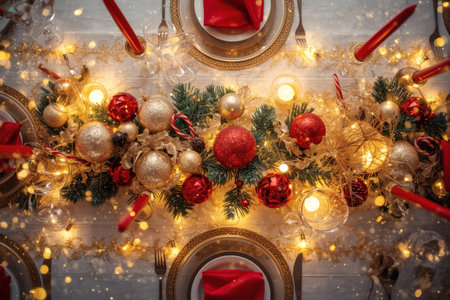 Table setting. Stylish plates, napkins, Christmas decorations, Christmas decorations on the festive table in the living room on the background of a Christmas tree. The concept of Merry Christmas and New Year 2026.の素材