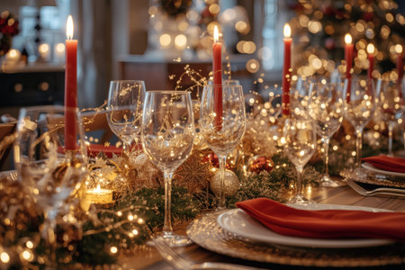 Table setting. Stylish plates, napkins, Christmas decorations, Christmas decorations on the festive table in the living room on the background of a Christmas tree. The concept of Merry Christmas and New Year 2026.の素材