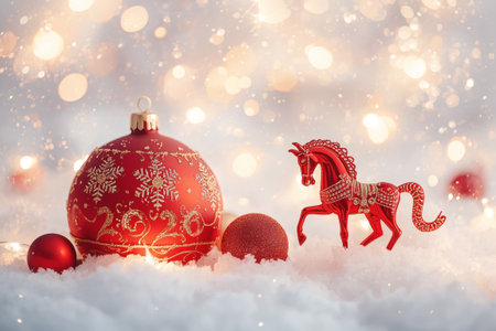 New Year 2026 postcard with a red fire horse. Christmas tree decorations, a red horse, and the numbers 2026. Christmas or New Year background.の素材