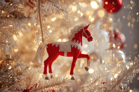 New Year 2026 postcard with a red fire horse. Christmas tree decorations, a red horse, and the numbers 2026. Christmas or New Year background.の素材