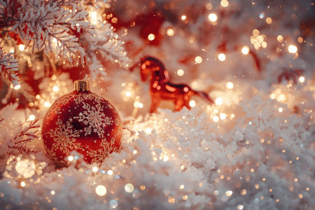 New Year 2026 postcard with a red fire horse. Christmas tree decorations, a red horse, and the numbers 2026. Christmas or New Year background.の素材