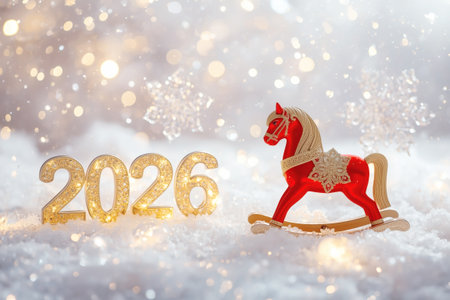 New Year 2026 postcard with a red fire horse. Christmas tree decorations, a red horse, and the numbers 2026. Christmas or New Year background.の素材