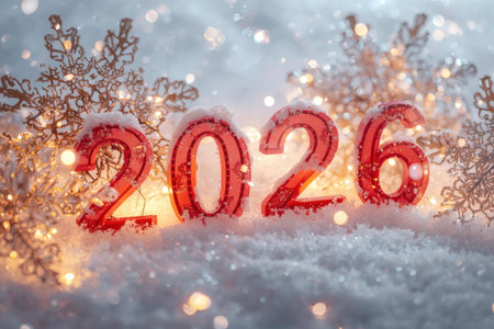 2026 New Year's Eve card with Christmas tree decorations, red numbers 2026. Christmas or New Year background.の素材