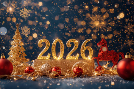 Banner. Shiny gold numbers 2026, red balls and a horse, and a beautiful bokeh on a blue background. Happy New Year and Christmas.の素材