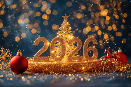 Banner. Shiny gold numbers 2026, red balls and a horse, and a beautiful bokeh on a blue background. Happy New Year and Christmas.の素材
