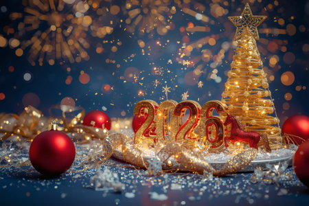 Banner. Shiny gold numbers 2026, red balls and a horse, and a beautiful bokeh on a blue background. Happy New Year and Christmas.の素材