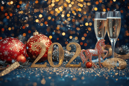 Banner. Shiny gold numbers 2026 and glasses splattered with champagne and a beautiful bokeh on a blue background. Happy New Year and Christmas.の素材