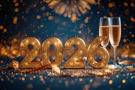 Banner. Shiny gold numbers 2026 and glasses splattered with champagne and a beautiful bokeh on a blue background. Happy New Year and Christmas.の素材