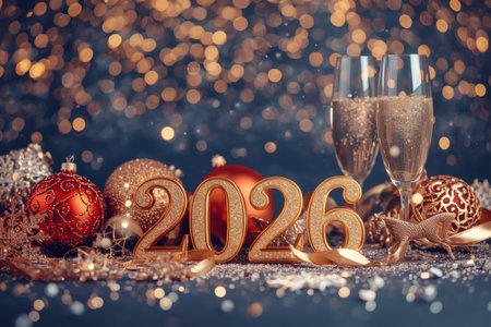 Banner. Shiny gold numbers 2026 and glasses splattered with champagne and a beautiful bokeh on a blue background. Happy New Year and Christmas.の素材