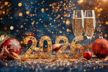 Banner. Shiny gold numbers 2026 and glasses splattered with champagne and a beautiful bokeh on a blue background. Happy New Year and Christmas.の素材