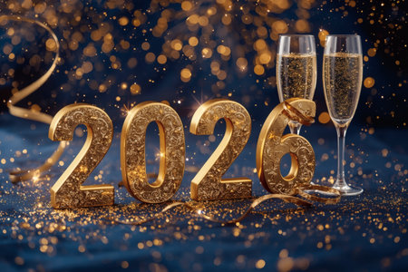 Banner. Shiny gold numbers 2026 and glasses splattered with champagne and a beautiful bokeh on a blue background. Happy New Year and Christmas.の素材