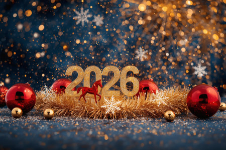 Banner. Shiny gold numbers 2026, red balls and a horse, and a beautiful bokeh on a blue background. Happy New Year and Christmas.の素材