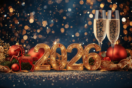 Banner. Shiny gold numbers 2026 and glasses splattered with champagne and a beautiful bokeh on a blue background. Happy New Year and Christmas.の素材