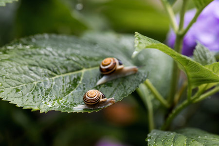 A garden pest. Grape snail (Helix pomatia) on a flowering hydrangea. An edible snail. A terrestrial gastropod mollusk of the Helicidae family.の写真素材