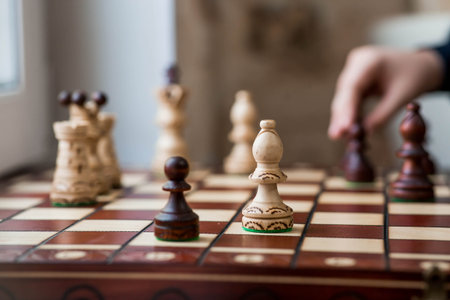 Playing chess. Wooden chess pieces on the board. Game strategy. Checkmate.の写真素材