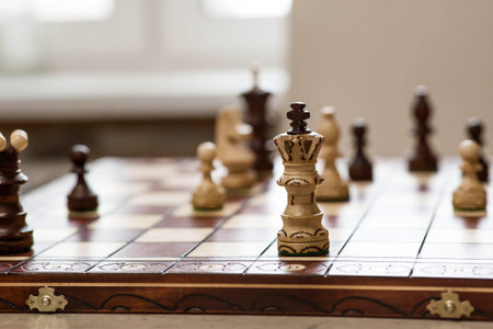 Playing chess. Wooden chess pieces on the board. Game strategy. Checkmate.