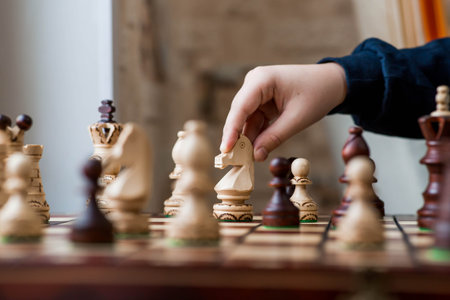 Playing chess. Wooden chess pieces on the board. Game strategy. Knight move.
