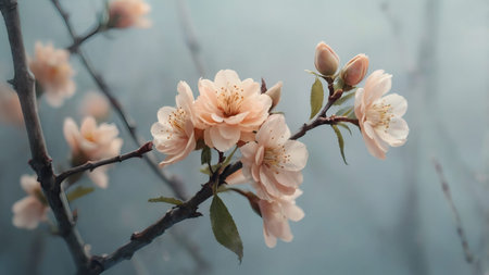 Flower background with a beautiful bokeh effect. Close-up of a flowering tree. A blooming apricot in spring on a grayish-blue background.の素材