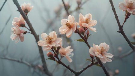 Flower background with a beautiful bokeh effect. Close-up of a flowering tree. A blooming apricot in spring on a grayish-blue background.の素材