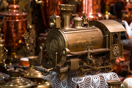 Russian traditions. Beautiful samovar in the form of a train in the samovar museum. Tourist museum...