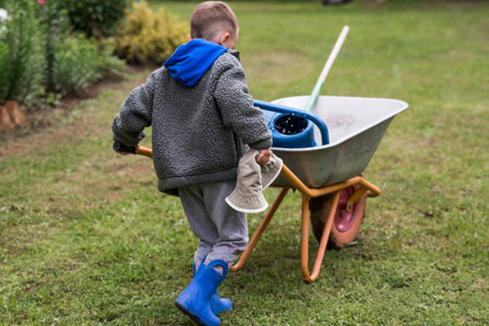 A boy with a garden wheelbarrow in the backyard of a house. The concept of gardening, country life,...