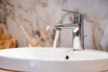 Modern bathroom interior with marble tiles, a sink, and a faucet. Bathroom decor and details.