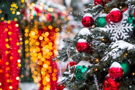 Winter holiday illumination. New Year's fair on Tverskaya Street in front of the Moscow City Hall. Concept of decoration for the New Year 2027.