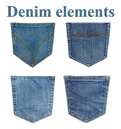 Isolated jeans pockets. Four jeans elements. An inscription with a denim texture.の写真素材