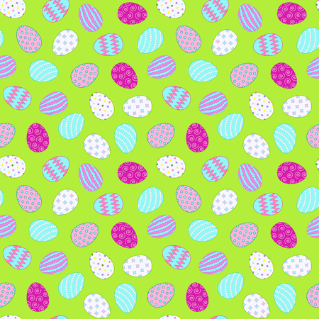 Seamless pattern with easter eggs on a green background. Chaotic location of objects. Easter theme. Vector illustration.のイラスト素材
