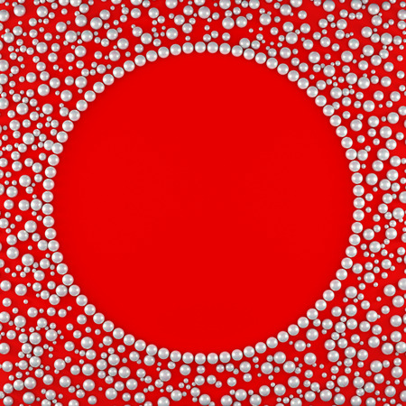 Elegant background of white pearls on a circle on a red base. Chaotic arrangement of pearls of different sizes. Vintage style. Illustration.の写真素材