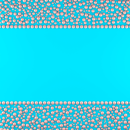 Elegant background of pink pearls in the form of bands on a blue base. Chaotic arrangement of pearls of different sizes. Vintage style. Illustration.の写真素材