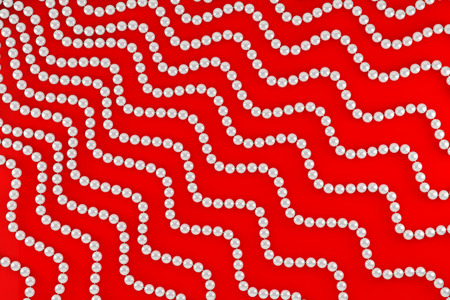 Background with threads of a pearl necklace. Necklace of white pearls. The diagonal arrangement of threads of the necklace in a wavy form. Red elegant background. Vintage style. Illustration.の写真素材
