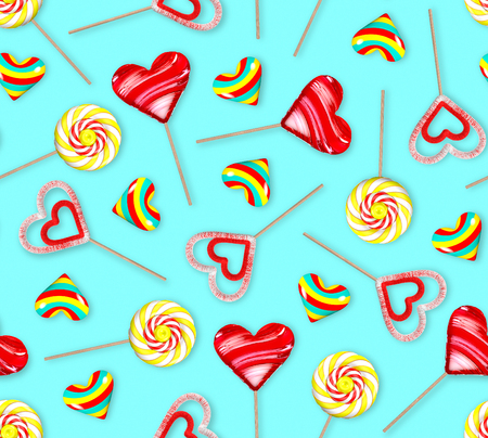 Seamless pattern of color lollipops in the form of hearts, circle on sticks. Blue background. Chaotic arrangement of lollipops. Illustration.の写真素材