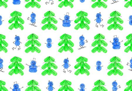 Seamless winter pattern. Christmas trees and snowmen. People on skates and skis. Fingerprints made with finger paints. Object on a white background. Illustration.の写真素材