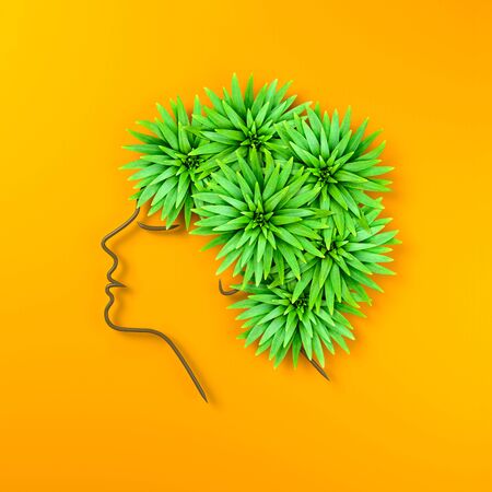 Creative profile picture of a woman with hair from lily leaves. Offbeat female hairstyle. Bright orange background. Minimalism style. 3d illustration.の写真素材