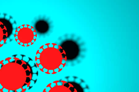 Blue background with viruses covid-19. Light falls on viruses and they cast a shadow. Images of coronaviruses are located in the lower left corner. 3d illustration.の写真素材