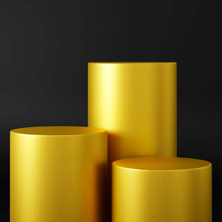 Empty stands for product presentation. Gold pedestals on a dark background. 3d rendering. Mock-up.の写真素材