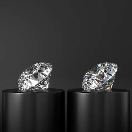 Comparison of real and fake diamonds. Shows perfect cut and light refraction. Dark presentation. 3d rendering.の写真素材